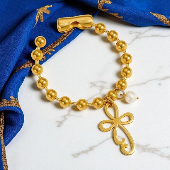 🆕️24K Gold Plated Stainless Steel Bracelet Unique Cross Charm Freshwater Pearl - Picture 10 of 14